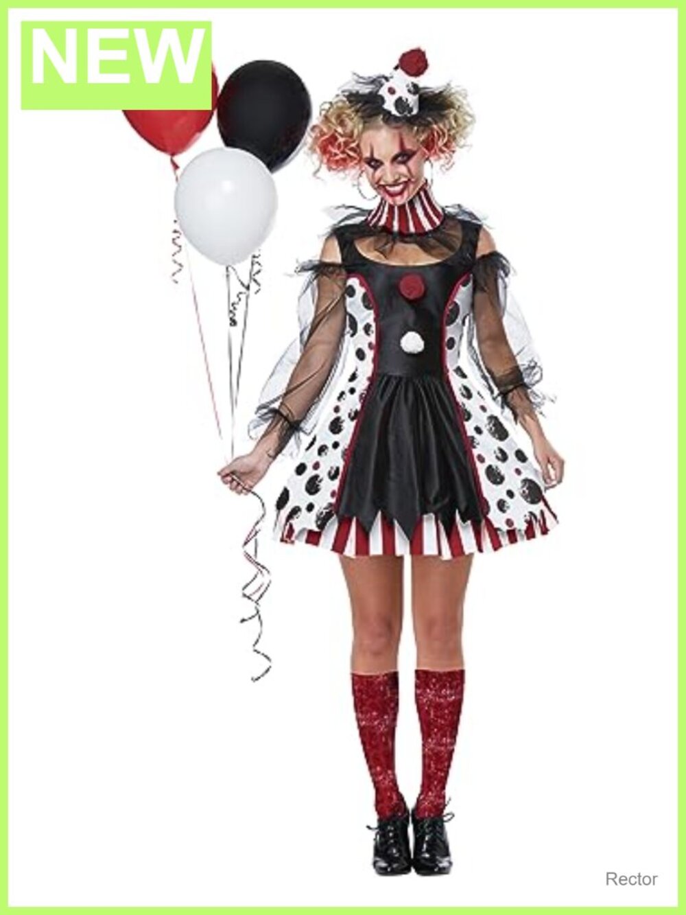 Creepy Clown Costume Dress with Collar, Hat, Pettiskirt, Socks